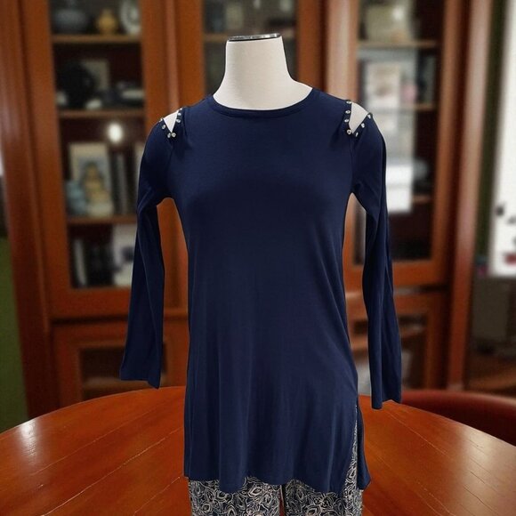 Michael Kors Navy Cold Shoulder Studded Tunic Top Long Sleeve Womens Medium - Picture 1 of 10